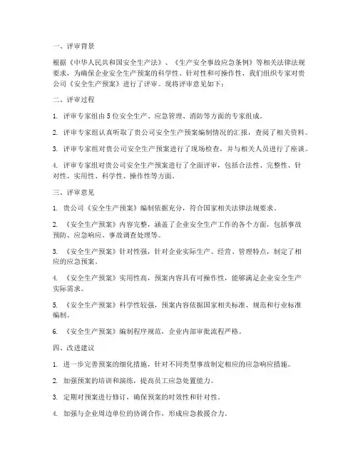 安全生产预案评审意见