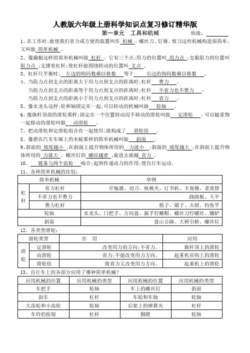 人教版六年级上册科学知识点复习修订精华版