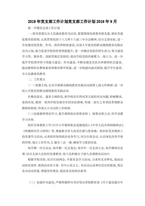 最新-2019年党支部工作计划 党支部工作计划2019年9月 精品