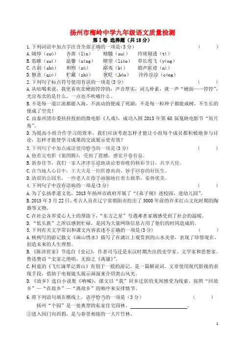 扬州市梅岭中学九年级语文质量检测