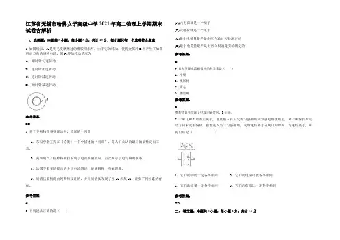 江苏省无锡市哈佛女子高级中学2021年高二物理上学期期末试卷含解析