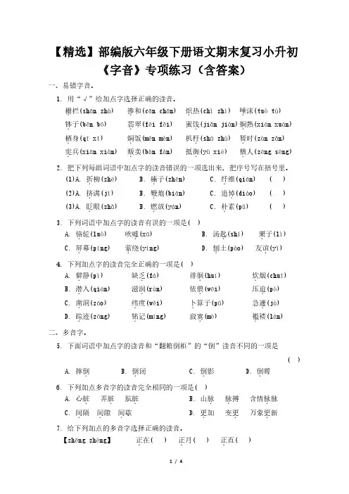 【精选】部编版六年级下册语文期末复习小升初《字音》专项练习(含答案)