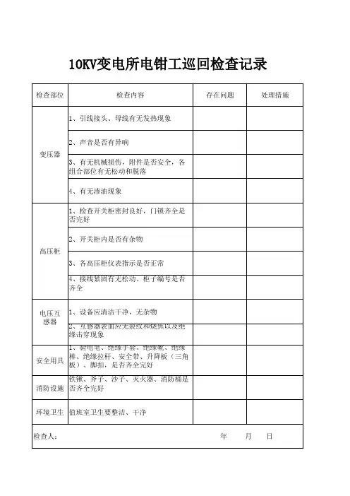 (1)10KV变电所电钳工巡回检查记录