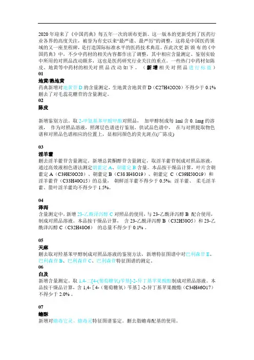 2020药典,中药材含量鉴别用对照品变化整理