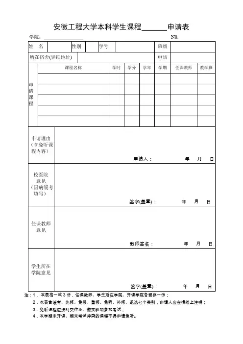 安徽工程大学本科学生课程申请表