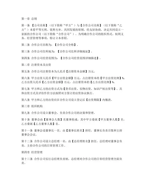 两家公司合作公司章程模板