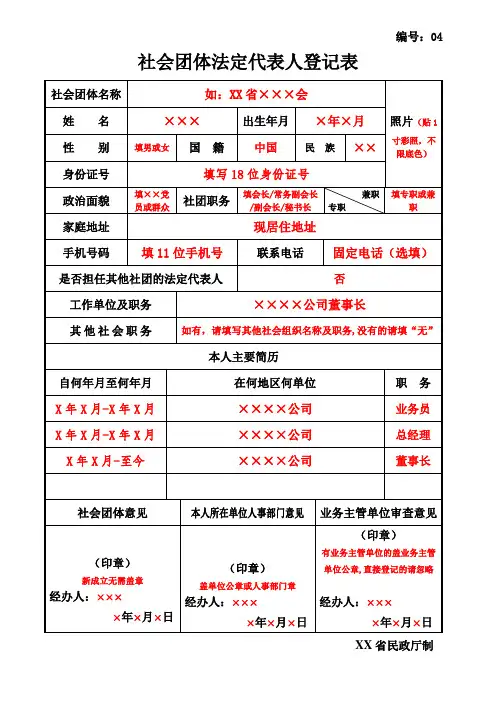 04 社会团体法定代表人登记表(示例表格)
