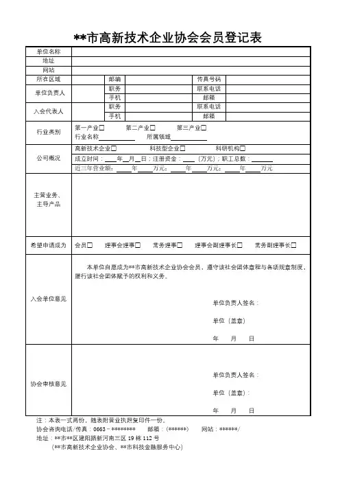 XX市高新技术企业协会会员登记表【模板】