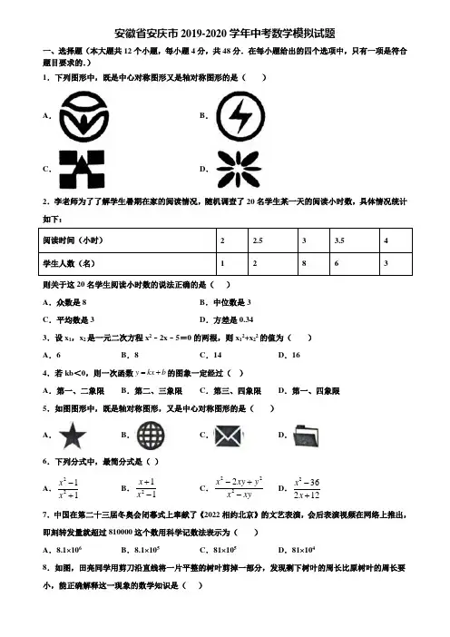 安徽省安庆市2019-2020学年中考数学模拟试题含解析