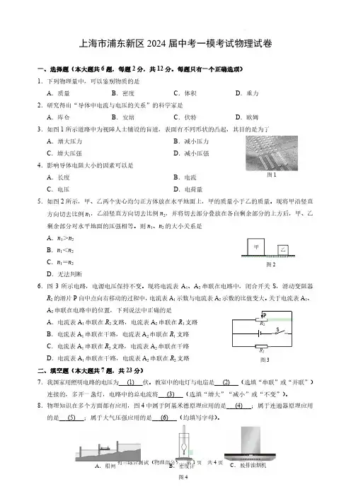 上海市浦东新区2024届中考一模考试物理试卷(含答案)