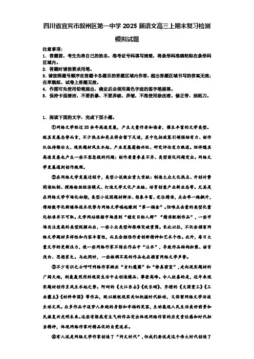 四川省宜宾市叙州区第一中学2025届语文高三上期末复习检测模拟试题含解析