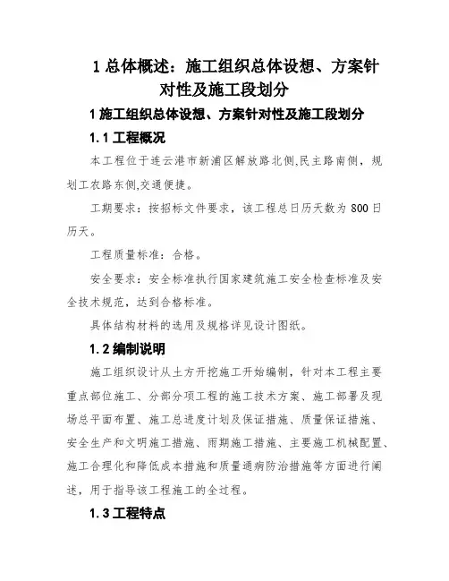 1总体概述：施工组织总体设想、方案针对性及施工段划分