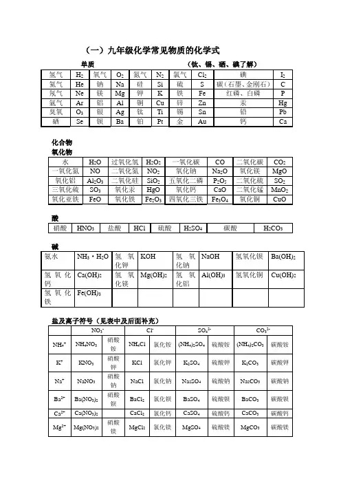初三化学常见物质的化学式化合价