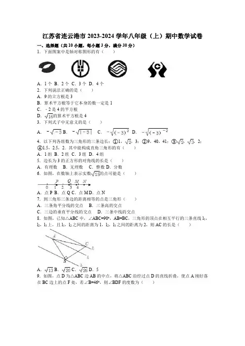 江苏省连云港市2023-2024学年八年级(上)期中数学试卷【含答案】