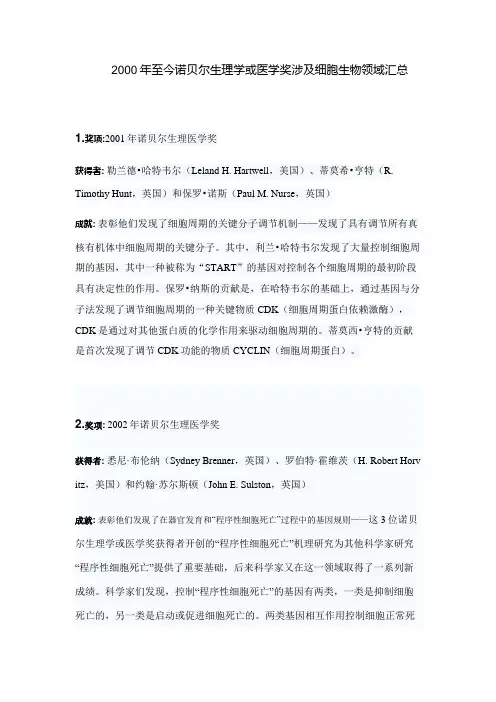 2000年至今诺贝尔生理学或医学奖涉及细胞生物领域汇总
