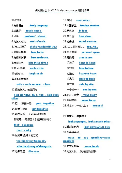 外研版七下M11Body-language知识清单