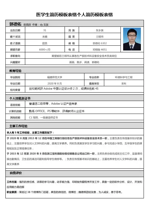 医学生简历模板表格个人简历模板表格
