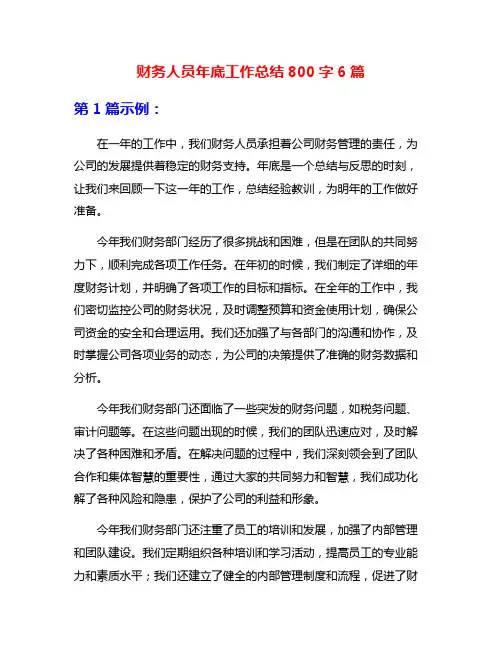 财务人员年底工作总结800字6篇