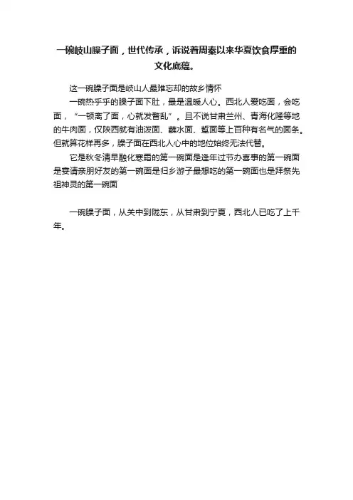 一碗岐山臊子面，世代传承，诉说着周秦以来华夏饮食厚重的文化底蕴。