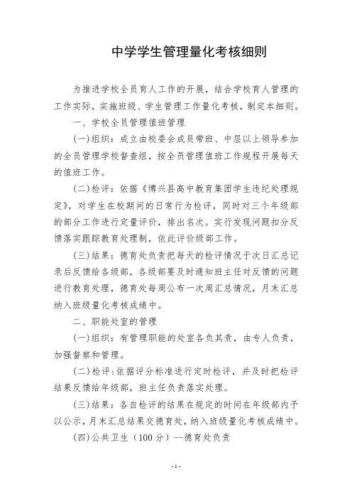 中学学生管理量化考核细则