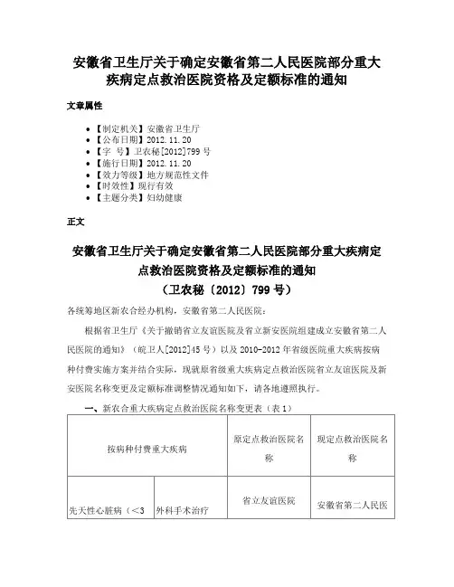 安徽省卫生厅关于确定安徽省第二人民医院部分重大疾病定点救治医院资格及定额标准的通知