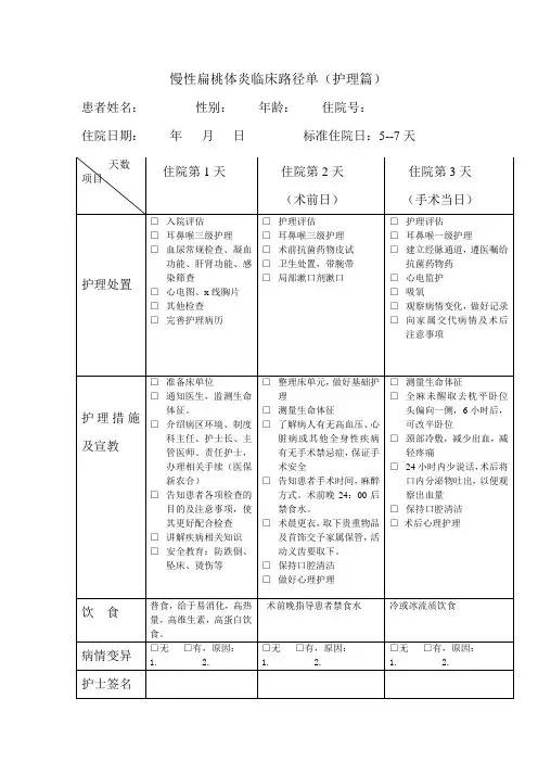 慢性扁桃体炎护理临床路径(护理篇,患者篇)
