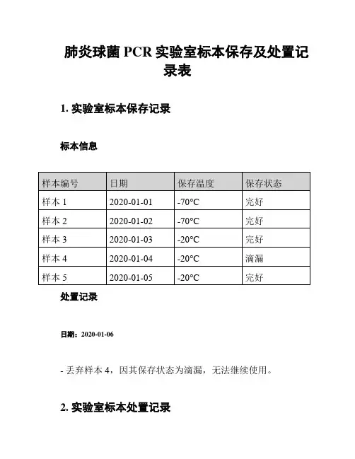 肺炎球菌PCR实验室标本保存及处置记录表