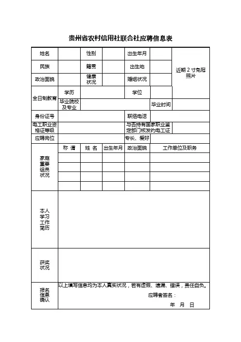 2023年贵州省农村信用社联合社应聘信息表