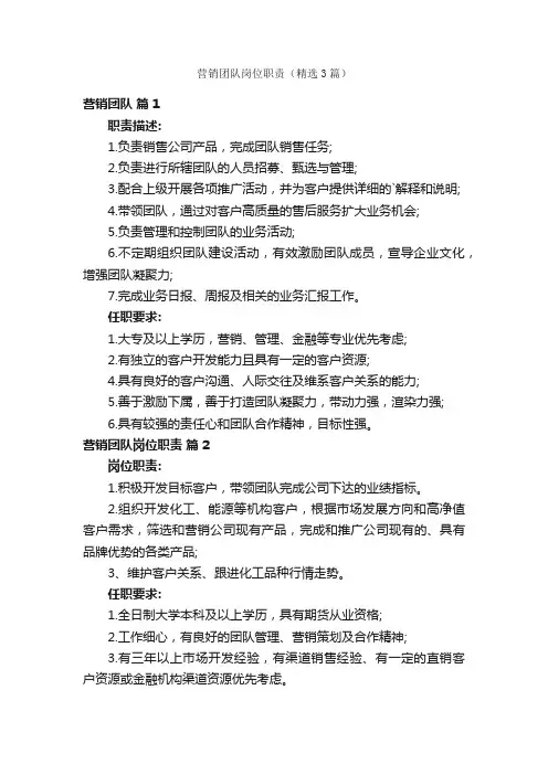 营销团队岗位职责（精选3篇）