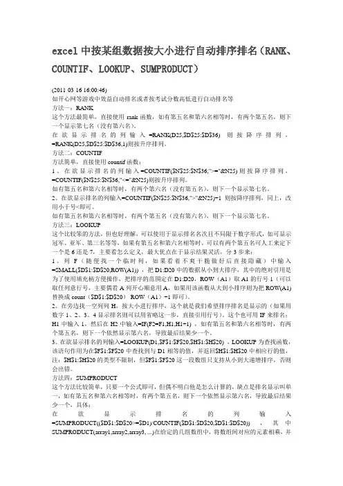 excel中按某组数据按大小进行自动排序排名(RANK、COUNTIF、LOOKUP、SUMPRODUCT)