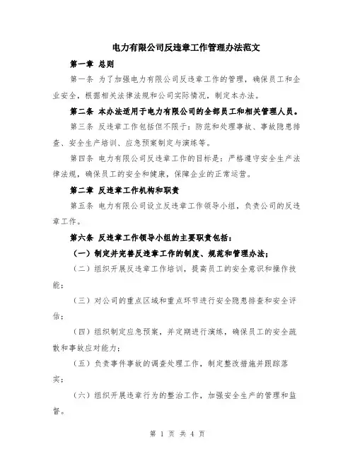 电力有限公司反违章工作管理办法范文
