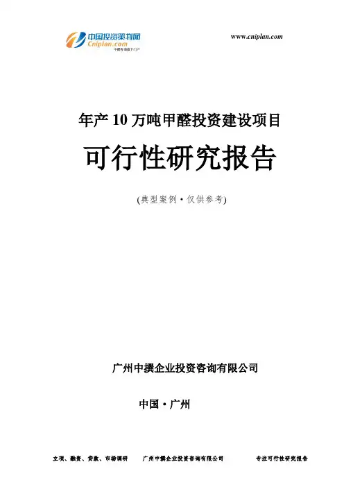 年产10万吨甲醛投资建设项目可行性研究报告-广州中撰咨询