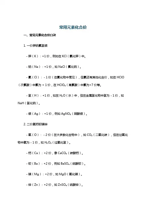 常用元素化合价