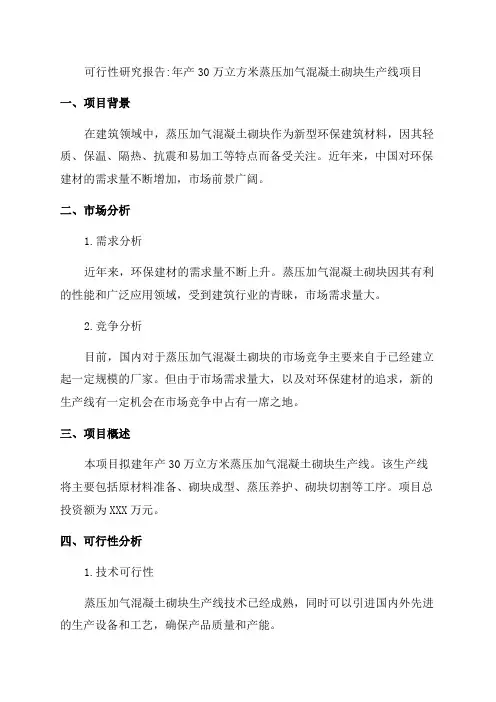 年产30万立方米蒸压加气混凝土砌块生产线项目可行性研究报告