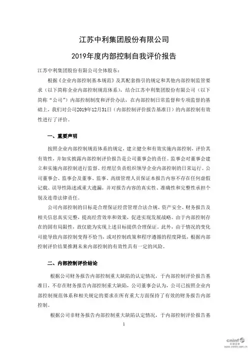 中利集团：2019年度内部控制自我评价报告
