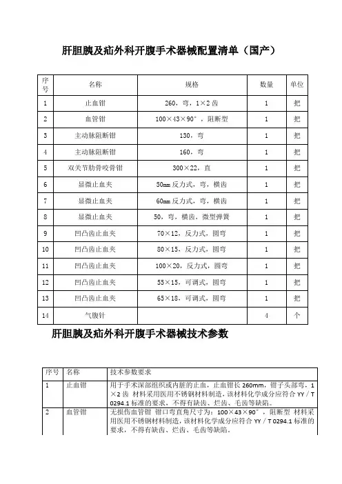 肝胆胰及疝外科开腹手术器械配置清单(国产)