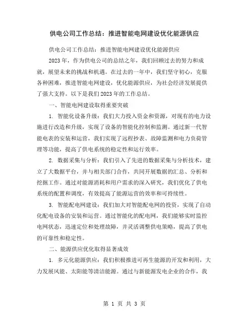 供电公司工作总结：推进智能电网建设优化能源供应