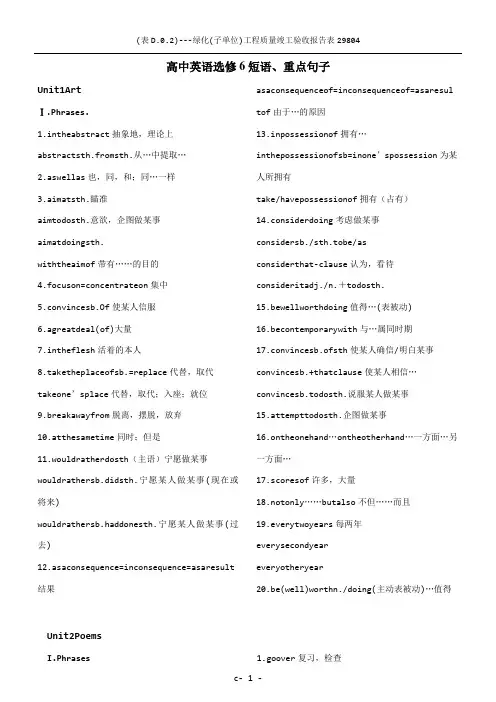 人教版英语选修6词组及重点句子总结55632