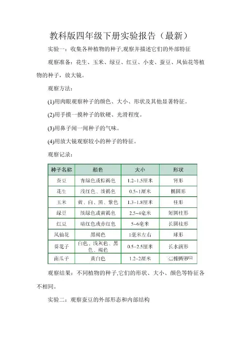 教科版四年级科学下册实验报告