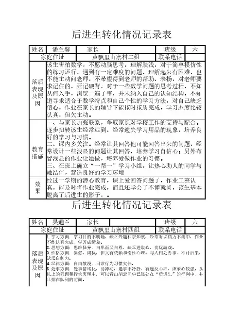 后进生转化情况记录表1