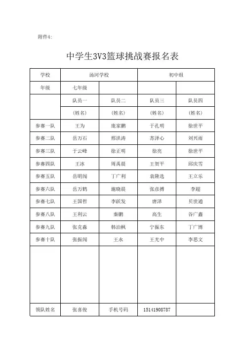 汤河学校3v3篮球赛报名表