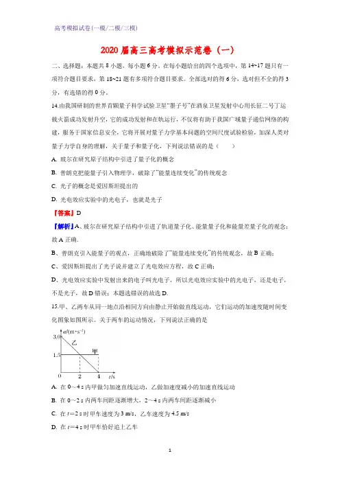 2020届高三高考模拟示范卷物理试卷(一)(解析版)