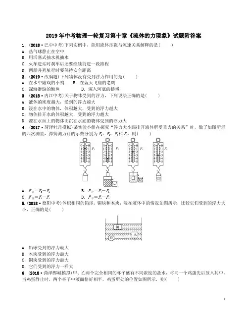 2019年中考物理一轮复习第十章《流体的力现象》试题附答案