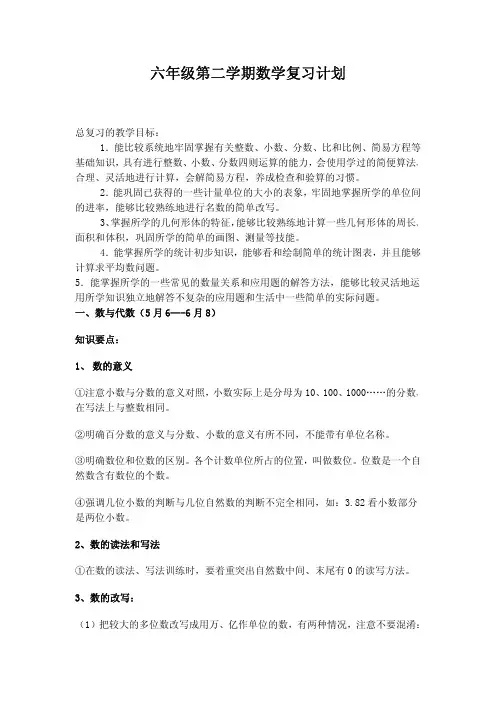 六年级第二学期数学复习计划
