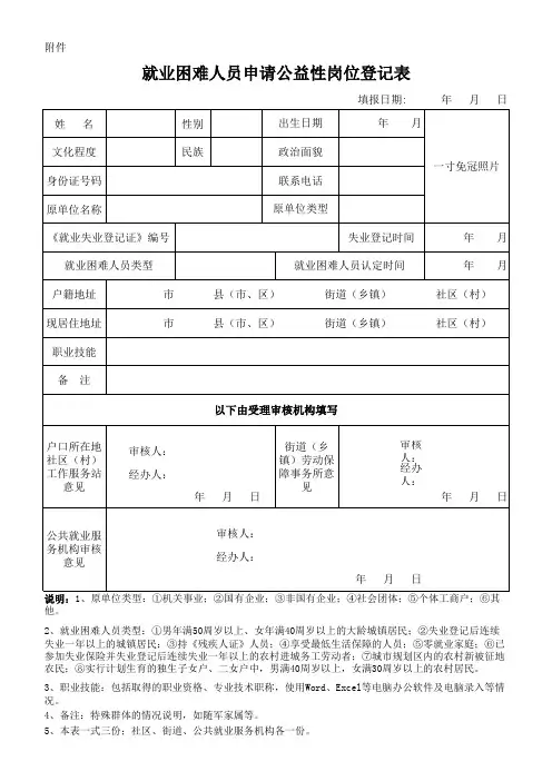 就业困难人员申请公益性岗位登记表