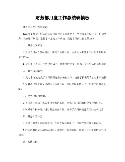 财务部月度工作总结表模板
