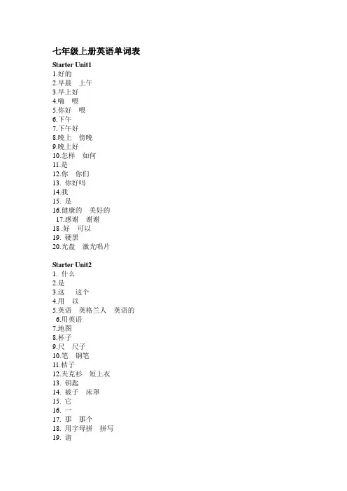 Go for it!七年级上册英语单词表