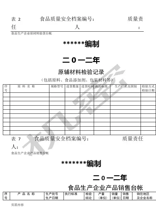 食品生产企业各种可追溯生产记录表格模板格