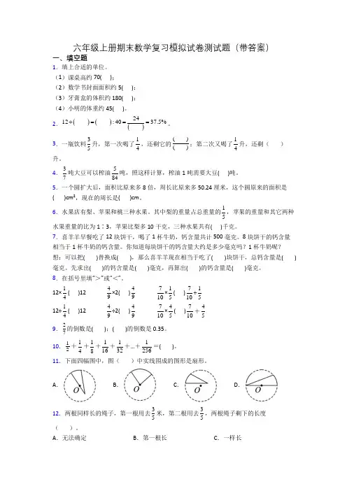 六年级上册期末数学复习模拟试卷测试题(带答案)