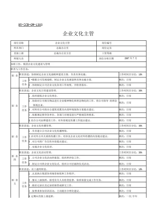 企业文化主管岗位说明书